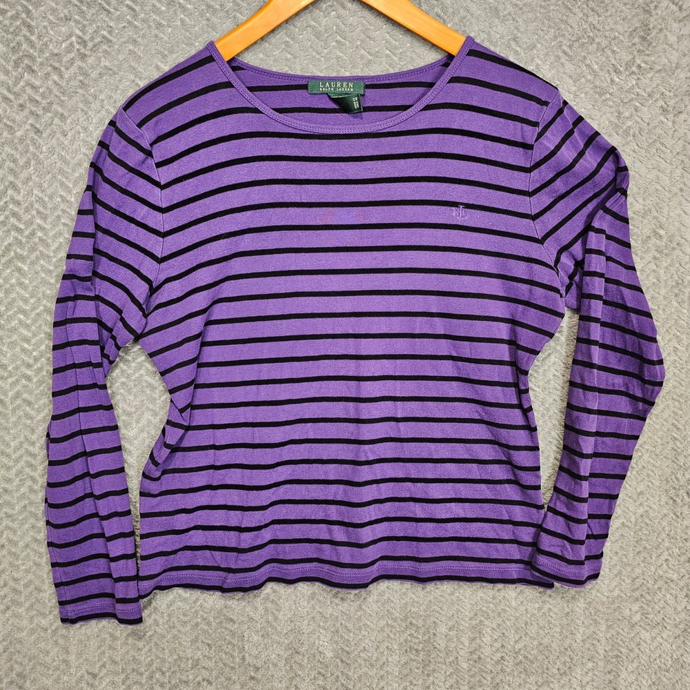 Lauren Ralph Lauren Womens XL Purple Black Striped Long Sleeve Cotton Crew Neck